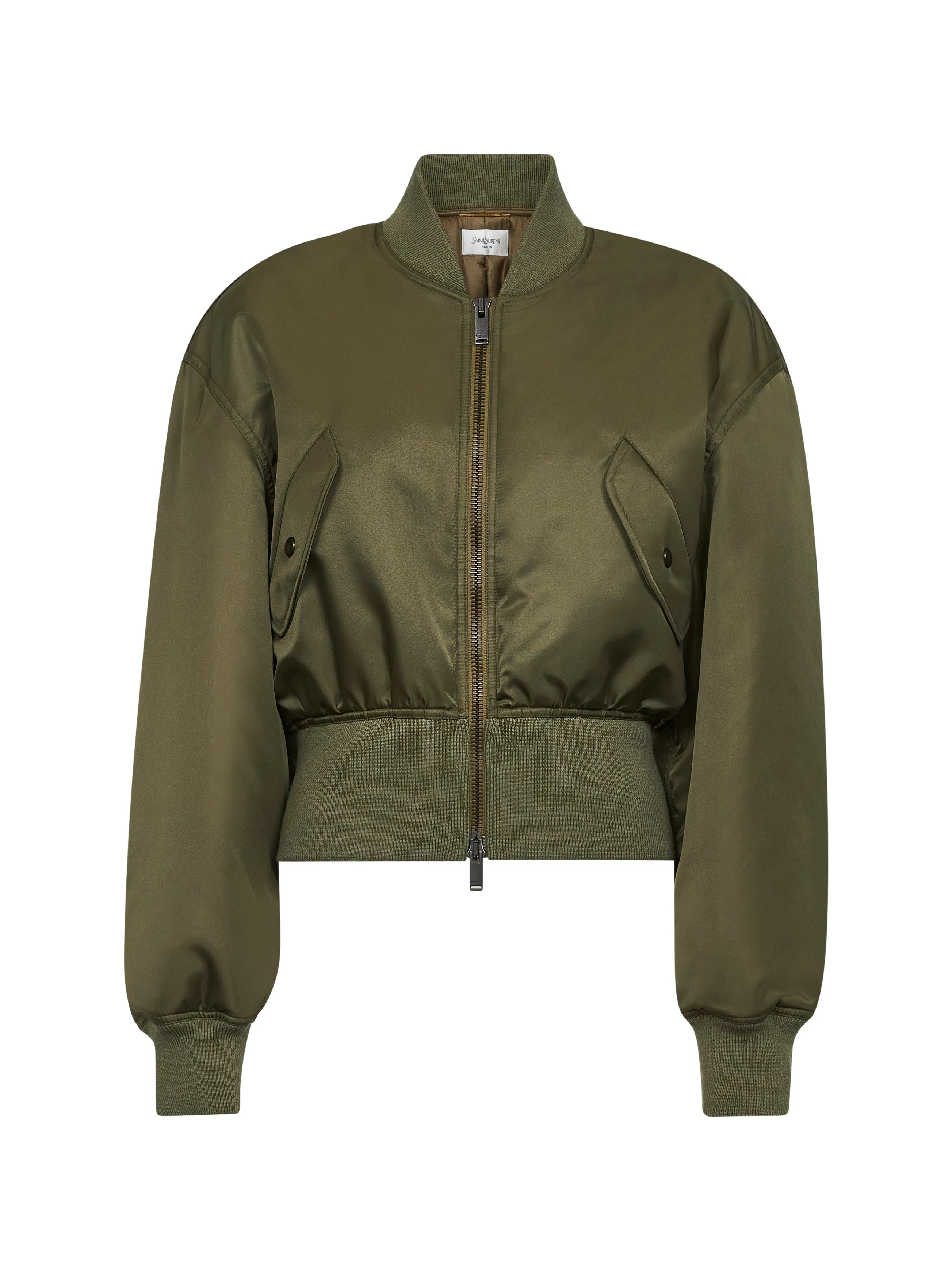 Khaki Recycled Nylon Short Padded Bomber Jacket sold by Lord & Taylor