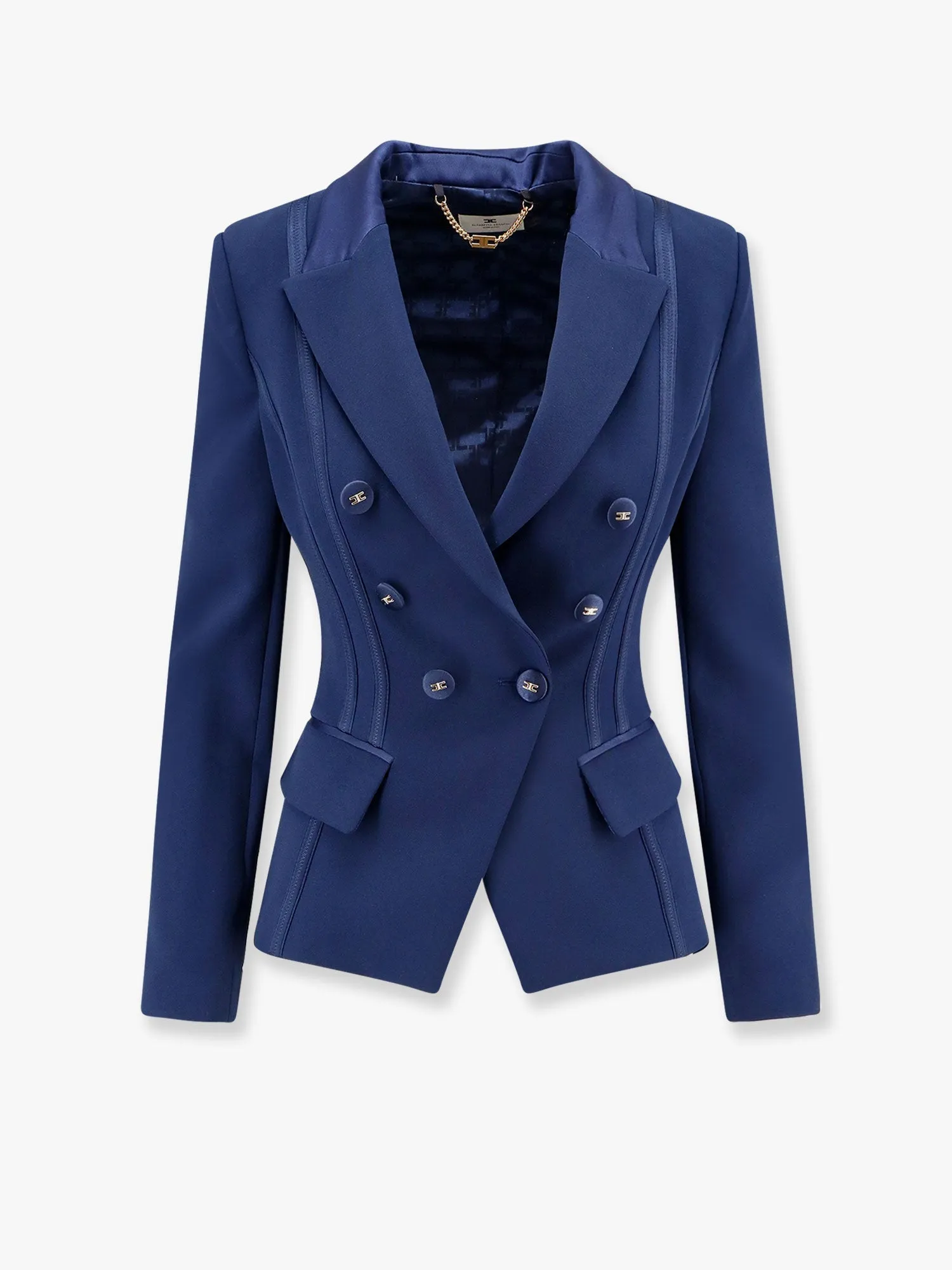 Essentials blazer with shoulder pads and covered buttons sold by Lord & Taylor