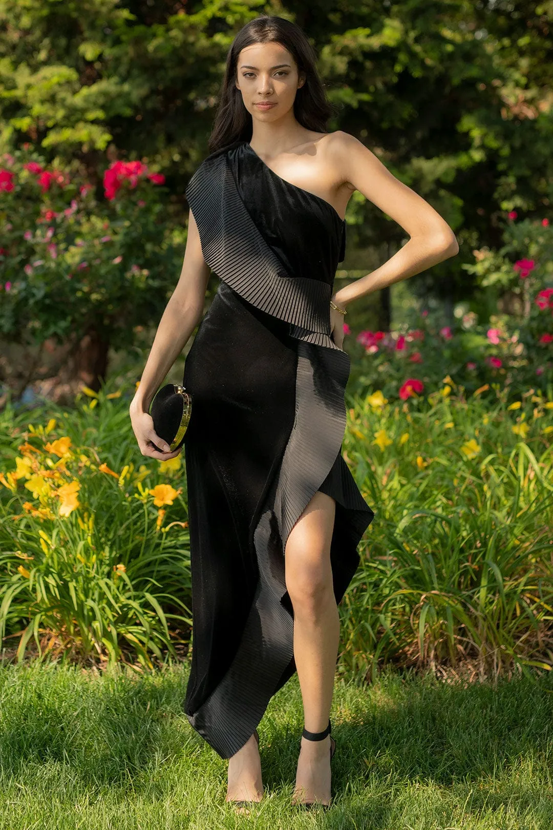The Mercer Velvet | Black Pleated Ruffle Gown sold by Lord & Taylor product image thumbnail 2