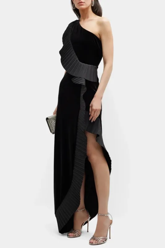 The Mercer Velvet | Black Pleated Ruffle Gown sold by Lord & Taylor