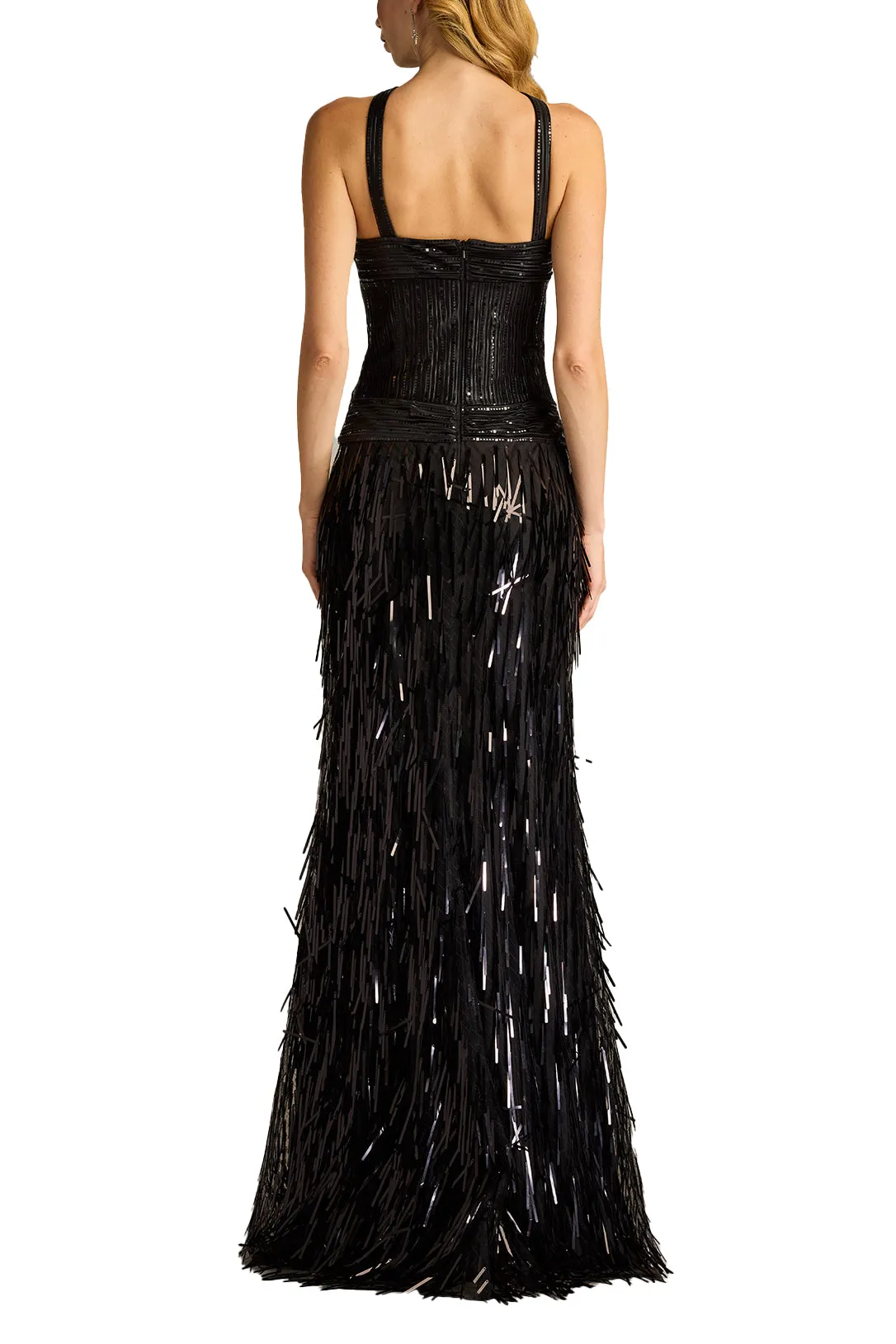 Ares Sequin Fringe Halter Gown BLACK sold by Lord & Taylor
