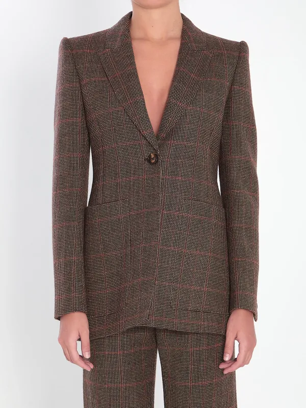 SINGLE-BREASTED CHECKED BROWN WOOL JACKET sold by Lord & Taylor