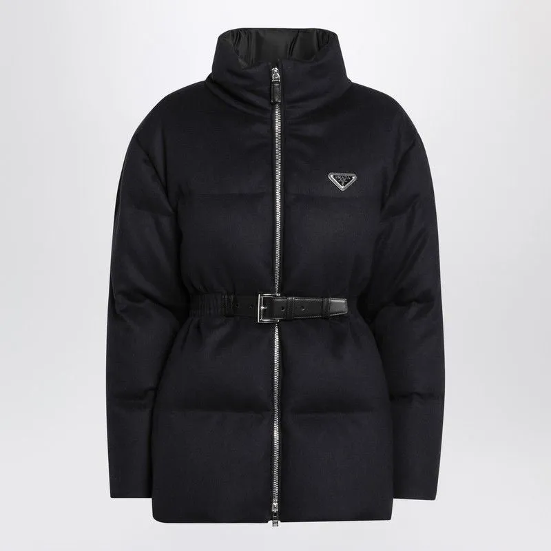 BLUE DOWN JACKET WITH BLUE FLANNEL BELT made by Prada