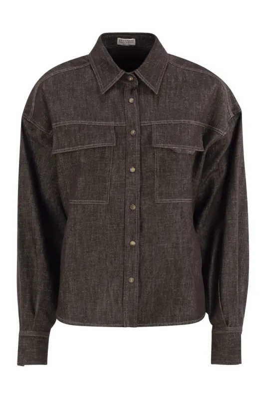 SPARKLING NO-FADE DENIM SHIRT WITH SHINY FLAP DETAIL sold by Lord & Taylor