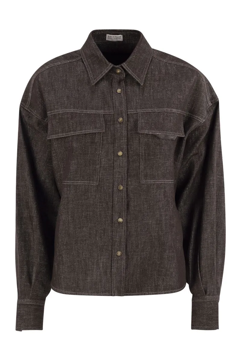 SPARKLING NO-FADE DENIM SHIRT WITH SHINY FLAP DETAIL sold by Lord & Taylor