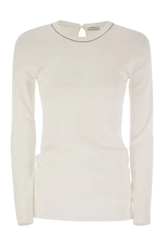 RIBBED STRETCH COTTON JERSEY T-SHIRT WITH JEWELLERY sold by Lord & Taylor