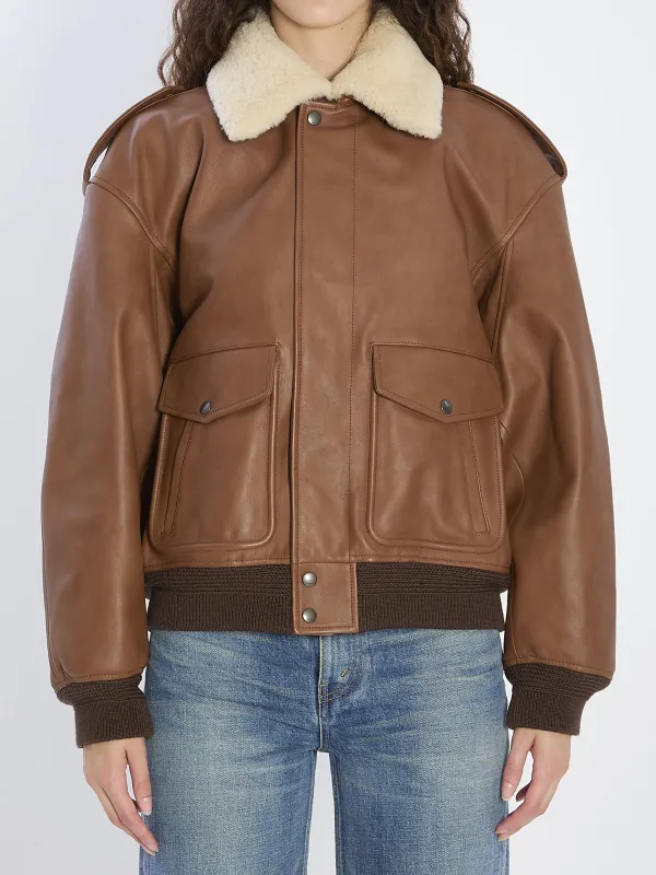 BOMBER JACKET IN HAMMERED LEATHER AND SHEARLING sold by Lord & Taylor