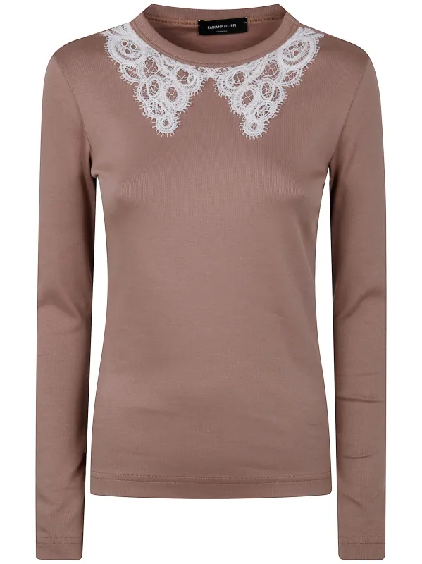 LONG SLEEVE T-SHIRT WITH MACRAME` LACE COLLAR sold by Lord & Taylor