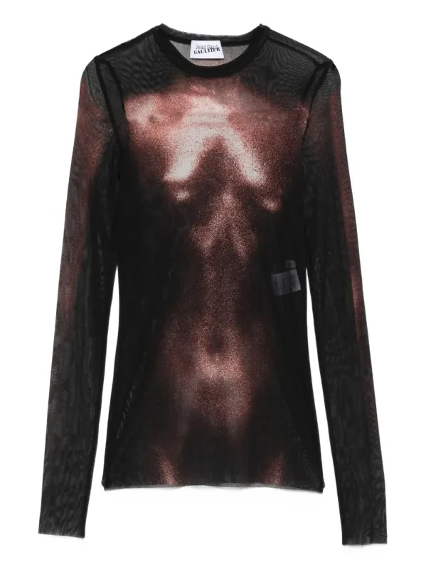 MESH CREW NECK TOP WITH LONG SLEEVES PRINTED "BODY DUST" sold by Lord & Taylor