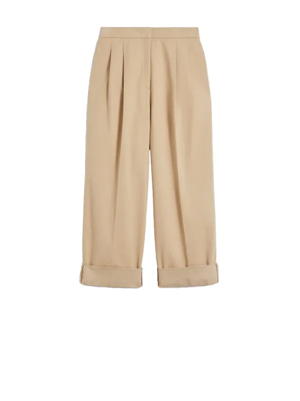 MAX MARA WEEKEND TROUSERS IN BEIGE COMFORT COTTON GABARDINE, FEATURING A WIDE LEG SILHOUETTE WITH HIGH CUFFS AT THE BOTTOM. sold by Lord & Taylor