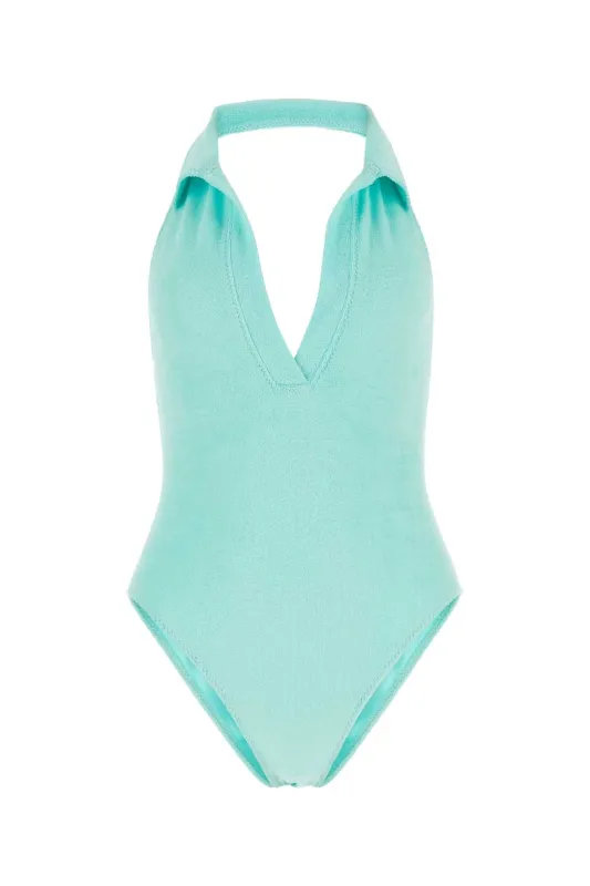 LIGHT-BLUE STRETCH SEERSUCKER POLO MAILLOT SWIMSUIT sold by Lord & Taylor