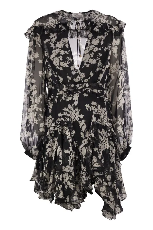 PRINTED SILK VOILE DRESS WITH RUFFLES sold by Lord & Taylor