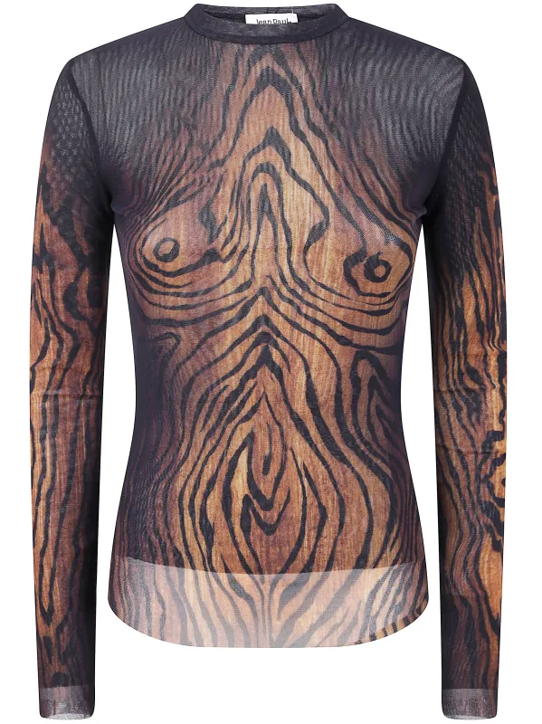 MESH LONG SLEEVES TOP PRINTED "WOOD" made by Jean Paul Gaultier