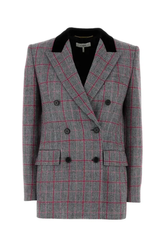 BLACK/WHITE CHECKERED WOOL DOUBLE-BREASTED BLAZER sold by Lord & Taylor
