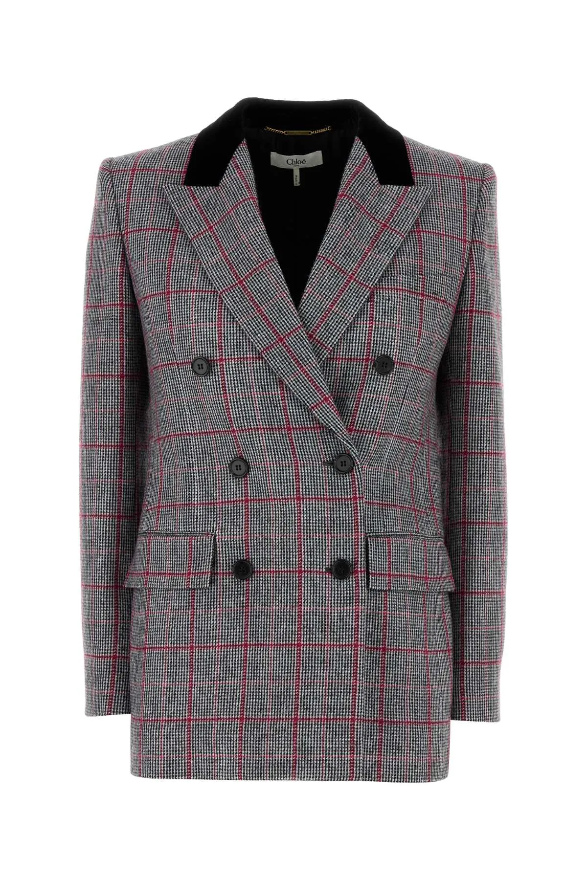 BLACK/WHITE CHECKERED WOOL DOUBLE-BREASTED BLAZER sold by Lord & Taylor