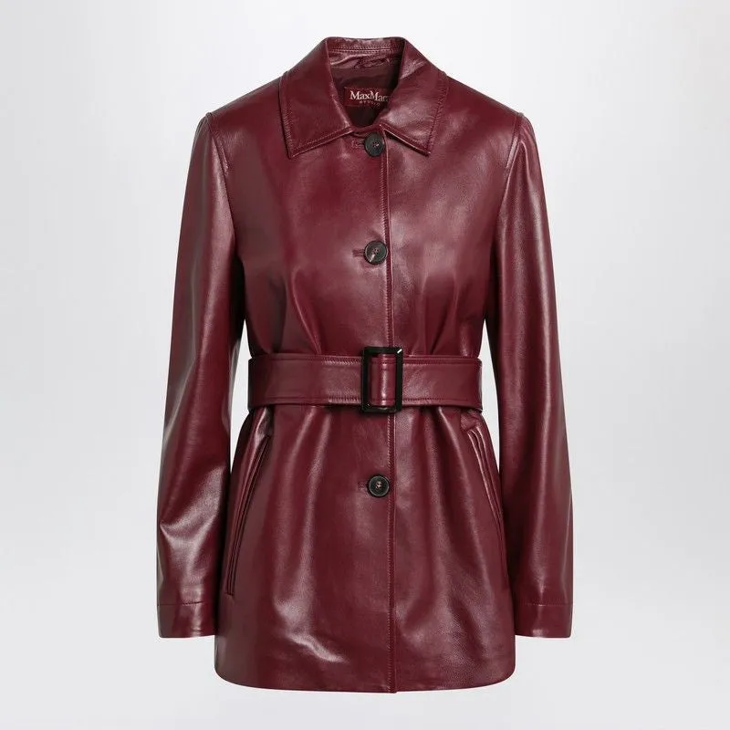 JACKET WITH BELT IN BORDEAUX NAPPA LEATHER sold by Lord & Taylor