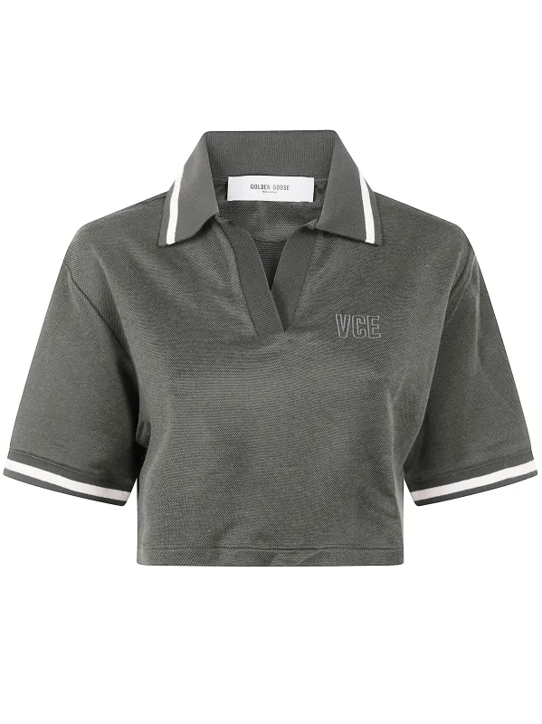 "JOURNEY W`S" MEDIUM CROP POLO FLUID JERSEY KNITTED RIB MICRO PIQUET TONAL EMBROIDERY made by Golden Goose