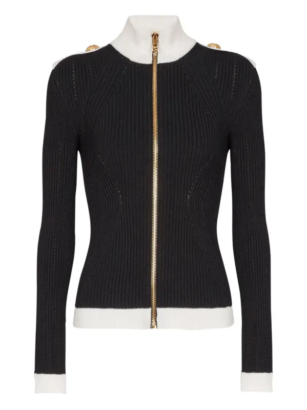 TWO-TONE OPENWORK AND RIBBED KNIT CARDIGAN made by Balmain