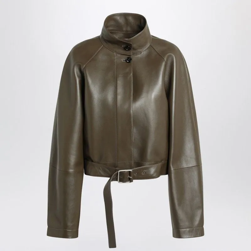 KHAKI GREEN LEATHER JACKET WITH BELT sold by Lord & Taylor