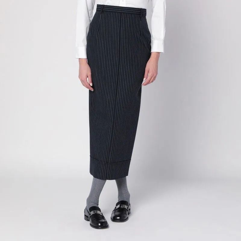 NAVY BLUE PINSTRIPED PENCIL SKIRT made by Thom Browne