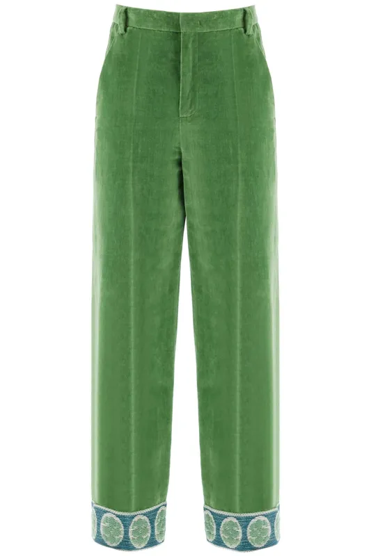 GREEN VELVET TROUSERS WITH JACQUARD HEM sold by Lord & Taylor