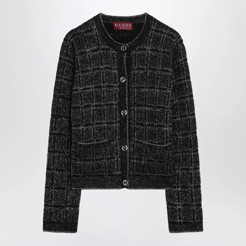 BLACK/SILVER WOOL AND LAMé CHECKED CARDIGAN sold by Lord & Taylor