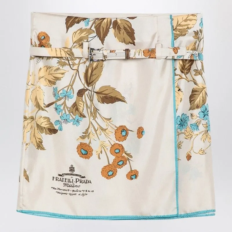 SAND-COLOURED MINI SKIRT WITH SILK PRINT made by Prada