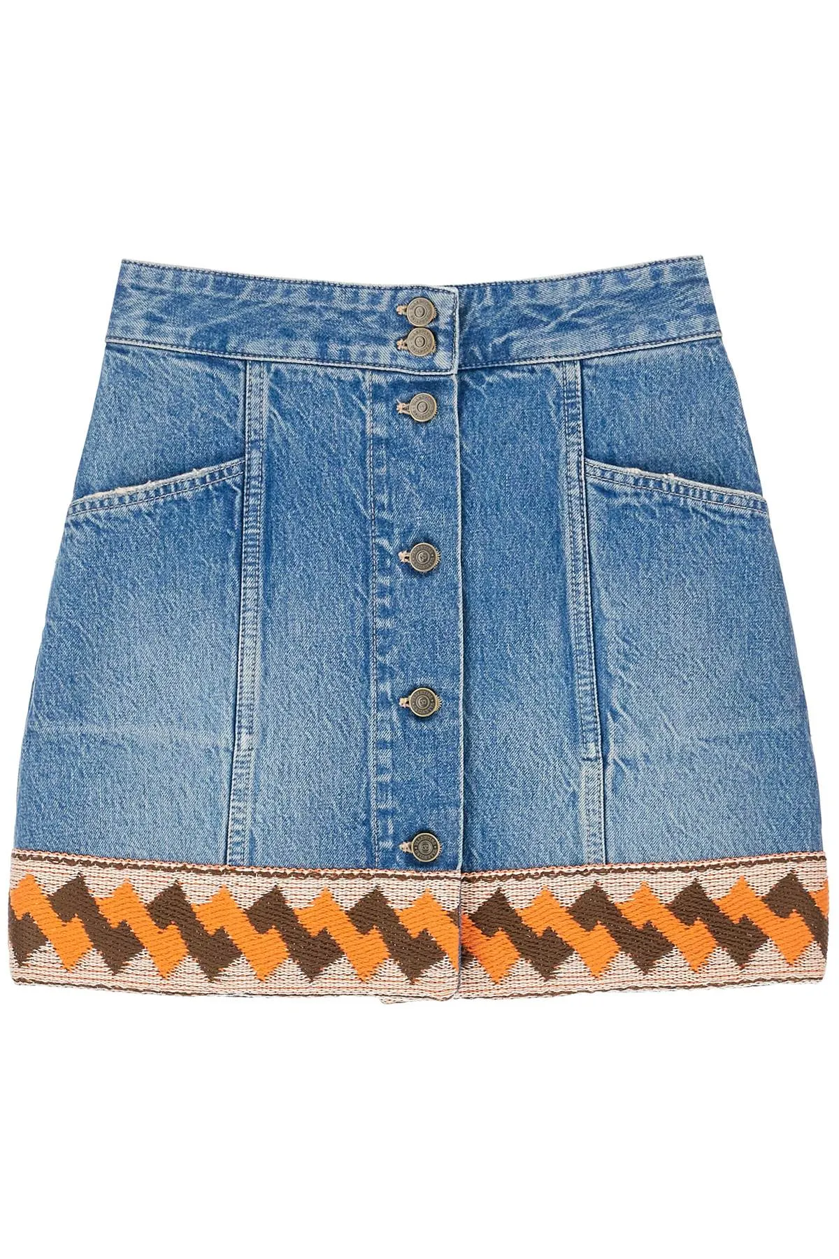 DENIM MINI SKIRT WITH JACQUARD TRIM sold by Lord & Taylor