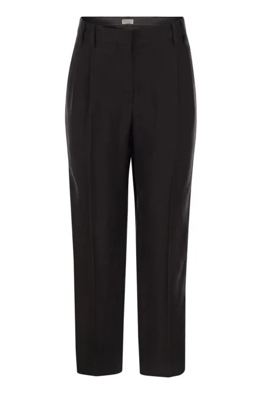 SLOUCHY TROUSERS IN VISCOSE AND LINEN FLUID TWILL WITH MONILINE made by Brunello Cucinelli