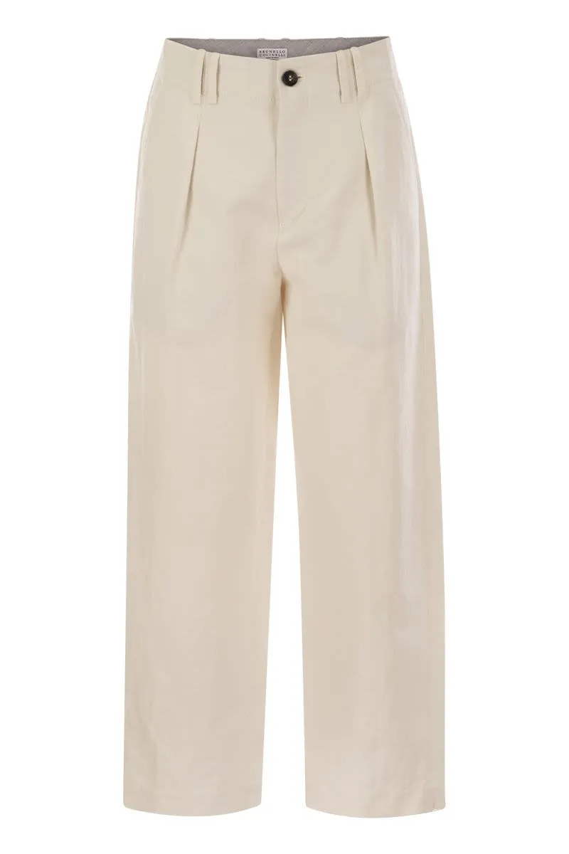 PLEATED CHINO TROUSERS IN COTTON CANVAS AND LINEN sold by Lord & Taylor