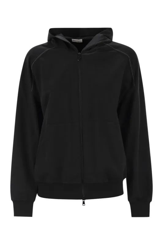 LIGHTWEIGHT STRETCH COTTON FLEECE TOPWEAR WITH ZIP, HOOD AND SHINY TRIMS sold by Lord & Taylor