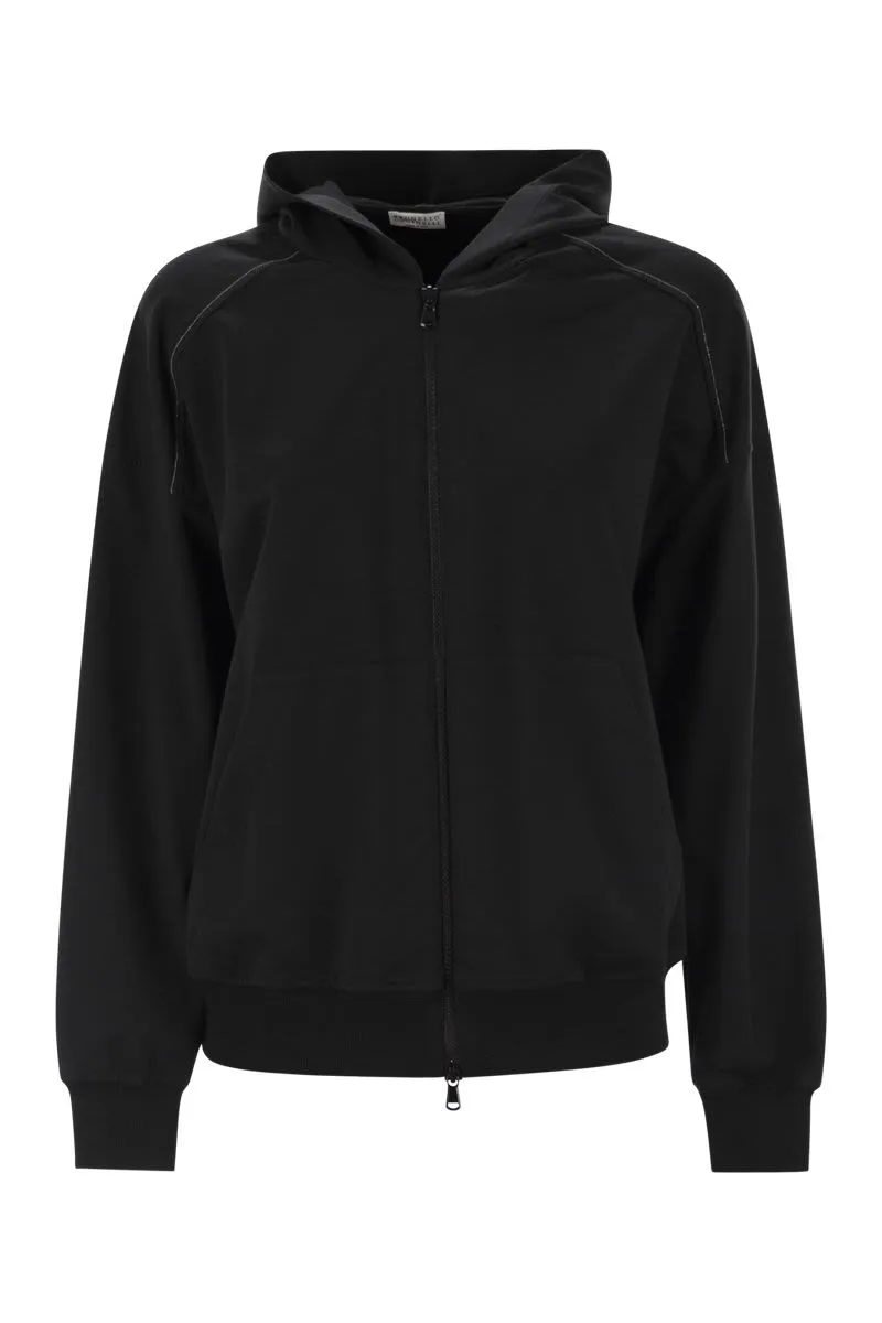 LIGHTWEIGHT STRETCH COTTON FLEECE TOPWEAR WITH ZIP, HOOD AND SHINY TRIMS sold by Lord & Taylor