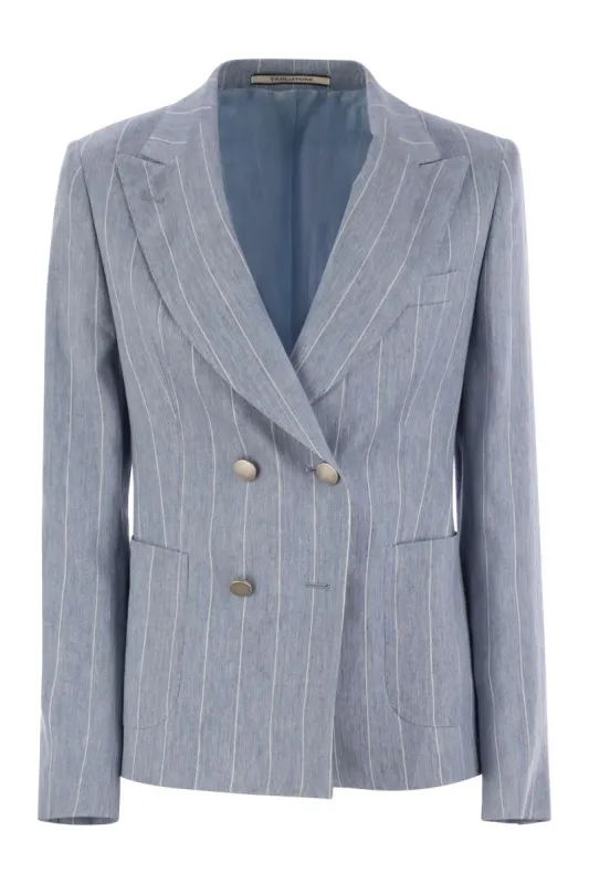 LINEN AND COTTON DOUBLE-BREASTED PINSTRIPE BLAZER sold by Lord & Taylor