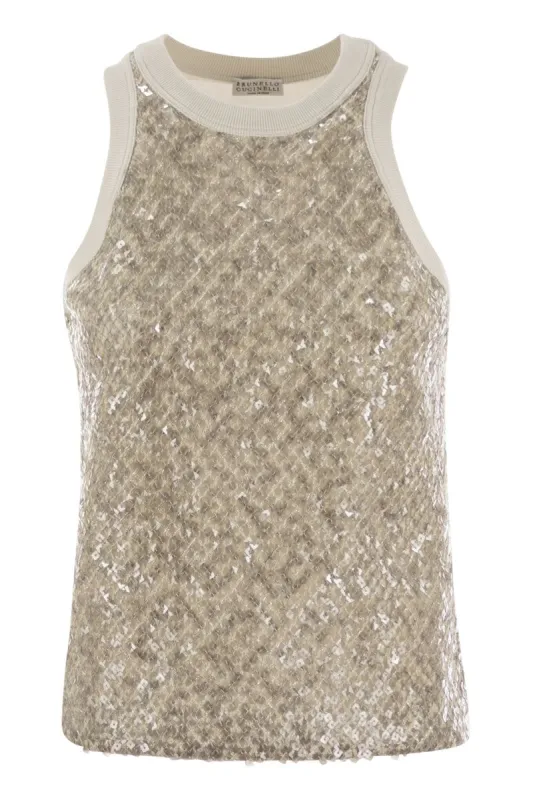 STRETCH COTTON JERSEY TOP WITH DAZZLING NET EMBROIDERY made by Brunello Cucinelli