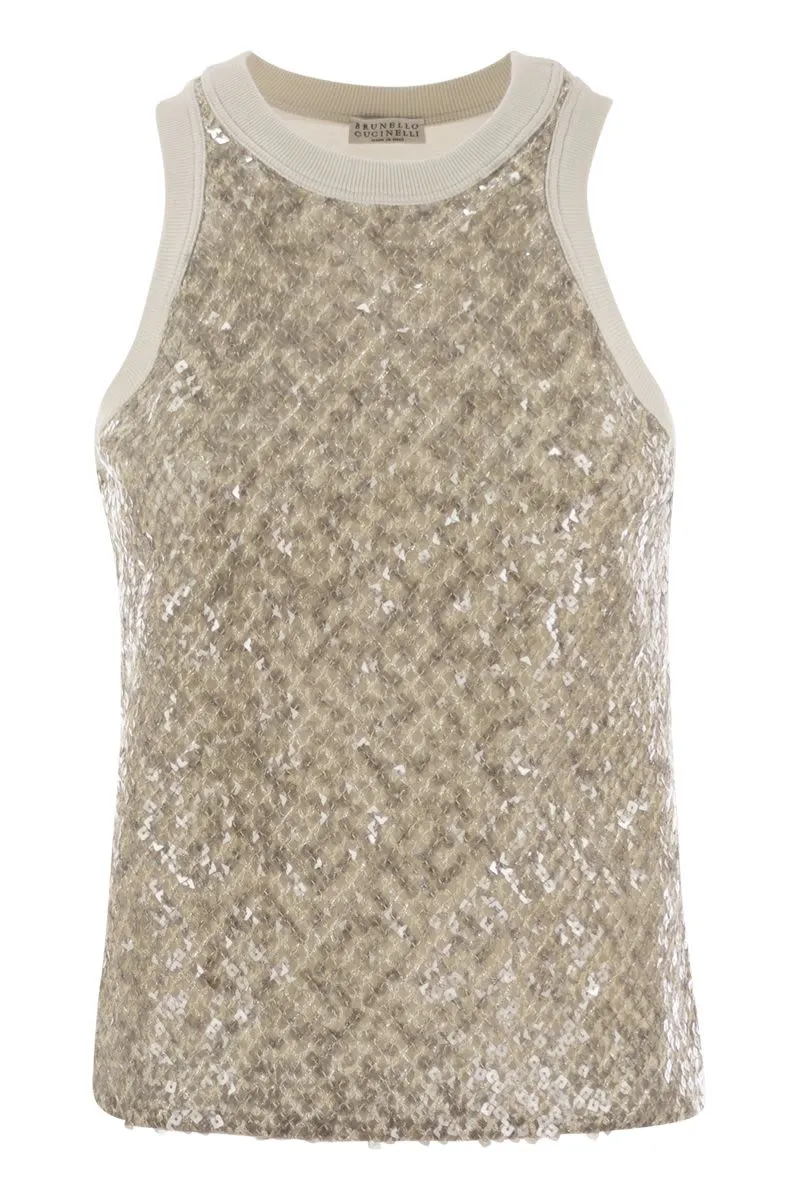 STRETCH COTTON JERSEY TOP WITH DAZZLING NET EMBROIDERY sold by Lord & Taylor