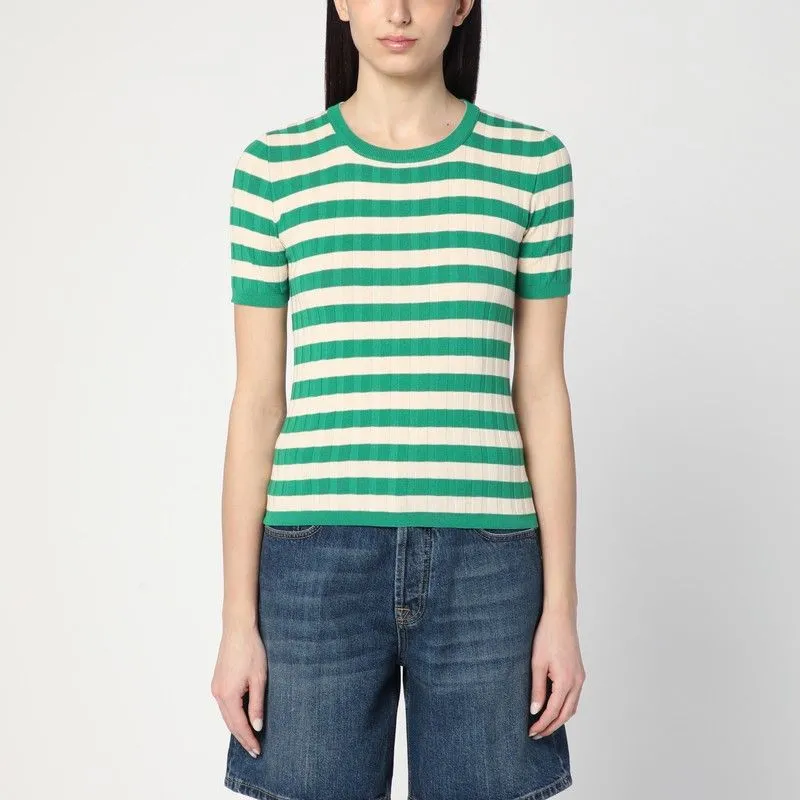 GREEN/IVORY STRIPED SWEATER IN COTTON sold by Lord & Taylor