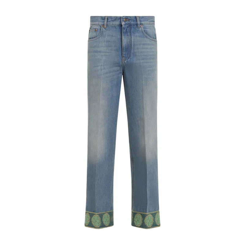 FADED BLUE JEANS WITH JACQUARD BACKGROUND sold by Lord & Taylor