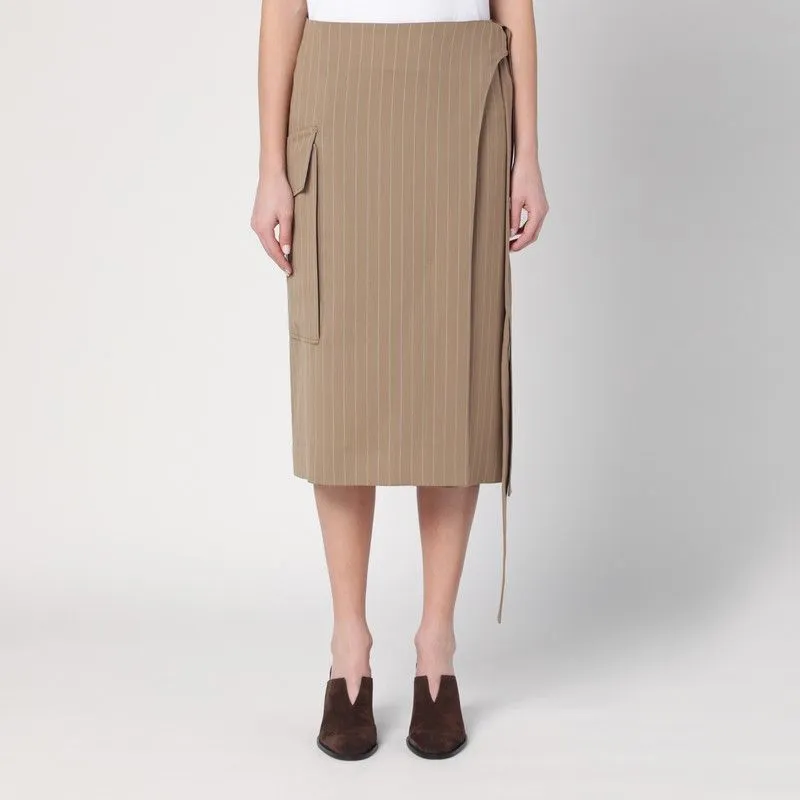 SAND-COLOURED PINSTRIPED WRAP SKIRT made by Victoria Beckham