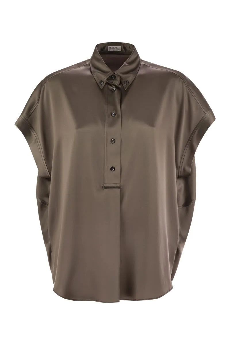 STRETCH SILK SATIN SHORT-SLEEVED SHIRT WITH NECKLACE sold by Lord & Taylor
