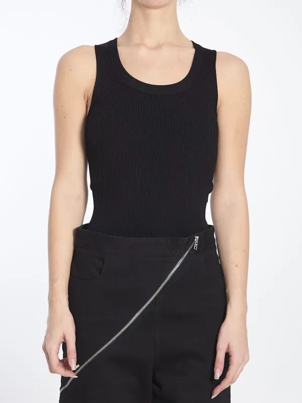 BLACK RIBBED STRAPS BODYSUIT sold by Lord & Taylor