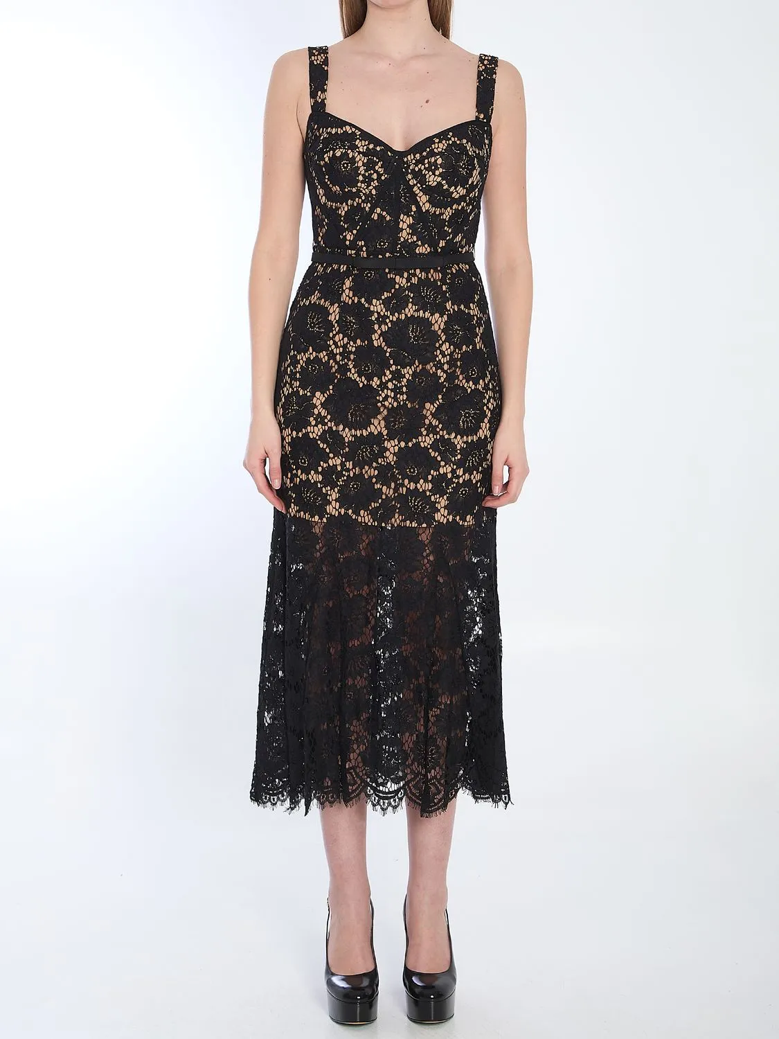BLACK FINE LACE MIDI DRESS sold by Lord & Taylor