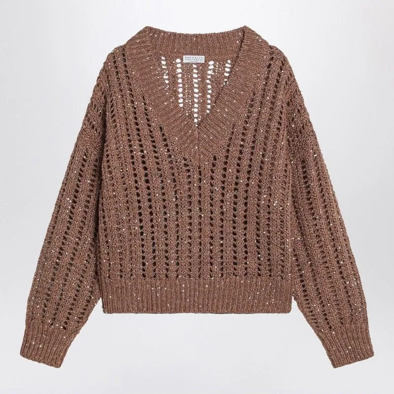 BROWN SPARKLING MESH SWEATER made by Brunello Cucinelli