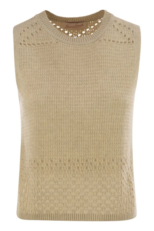 AIRE - CROCHET KNIT AND MESH TOP sold by Lord & Taylor