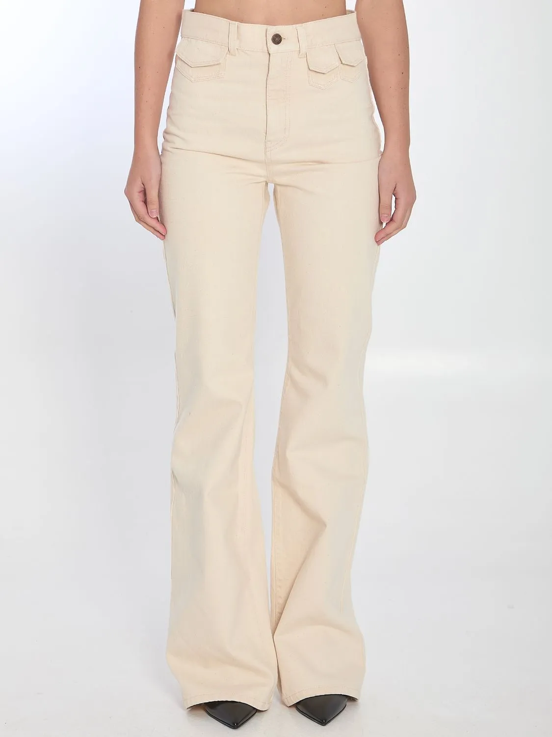 IVORY FLARED DENIM TROUSERS sold by Lord & Taylor