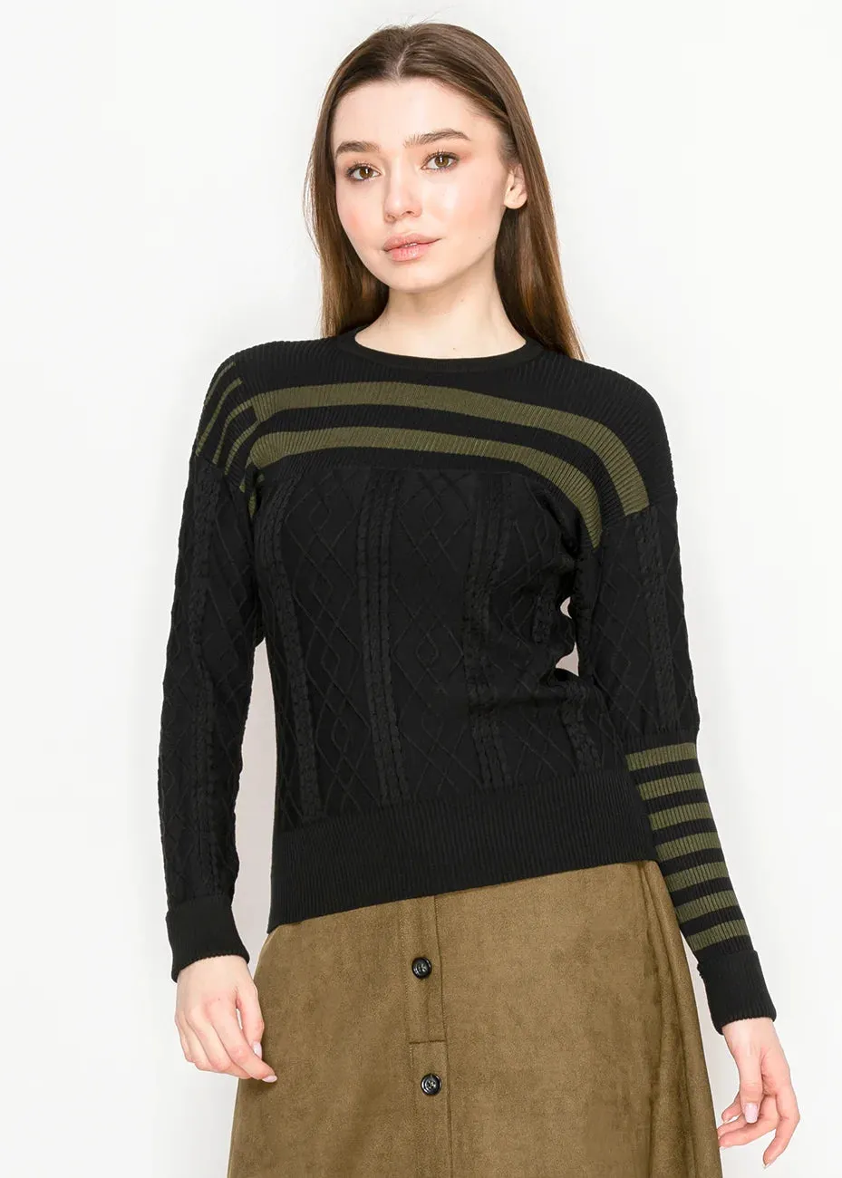 Textured Knit Sweater – Black and Olive sold by Lord & Taylor