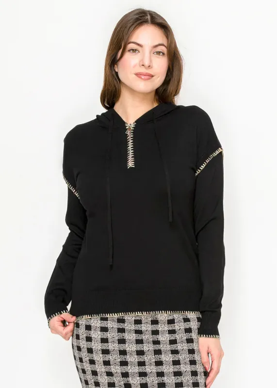 Knit Hoodie with Decorative Stitching in Black sold by Lord & Taylor