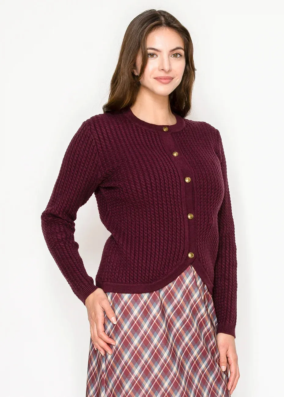 Cable Textured Knit Cardigan in Burgundy sold by Lord & Taylor