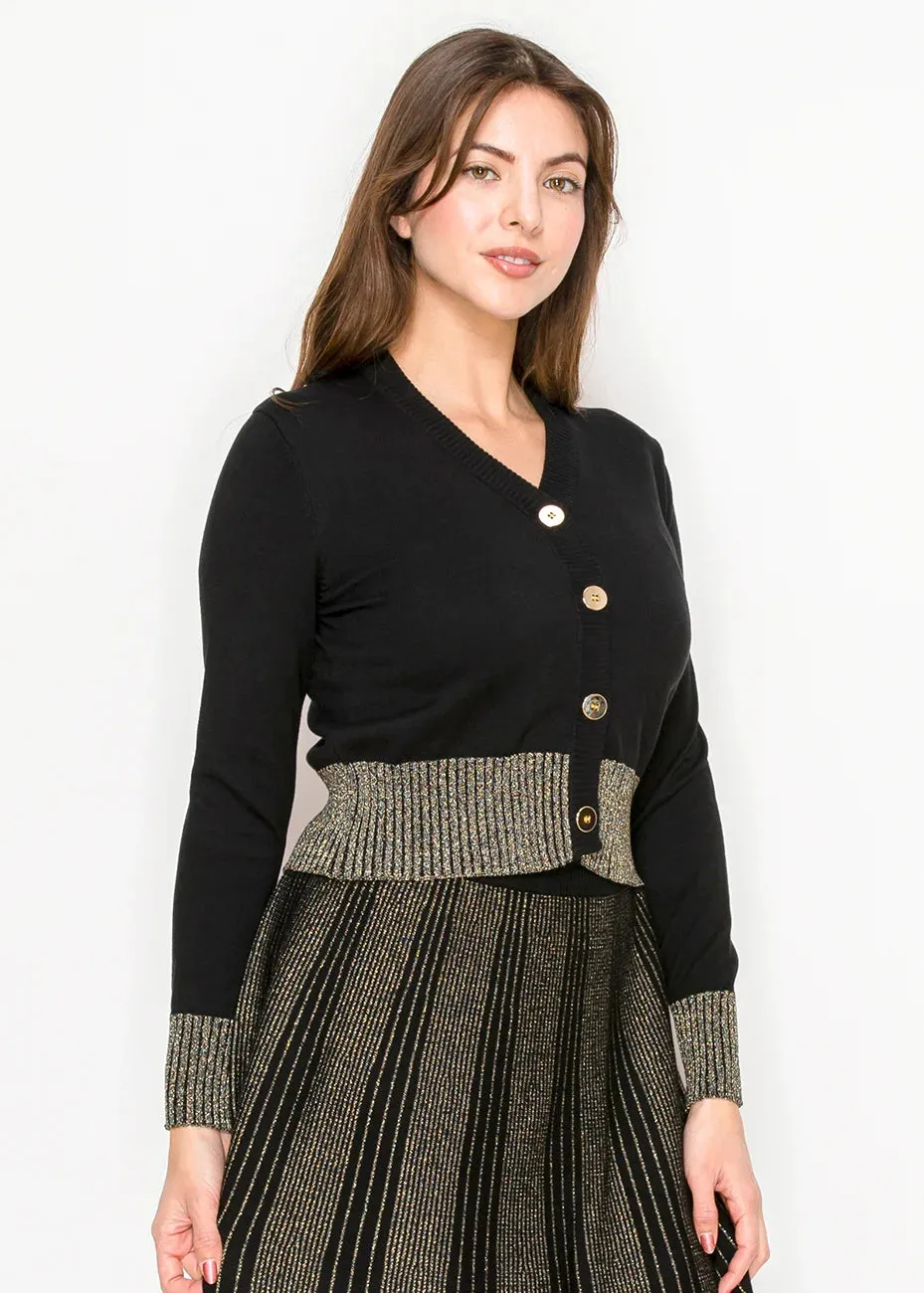 Black Knit Cardigan with Metallic Gold Trim sold by Lord & Taylor product image thumbnail 2