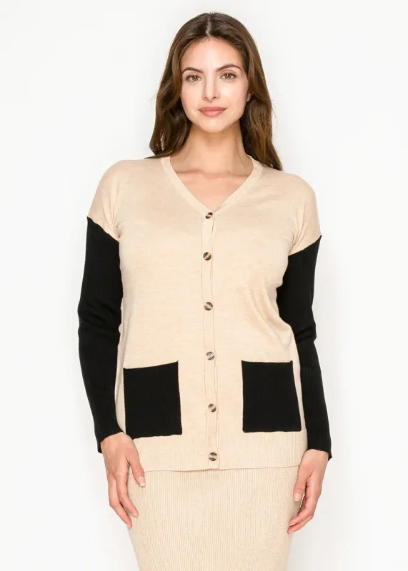Oatmeal Knit Cardigan with Black Sleeves sold by Lord & Taylor
