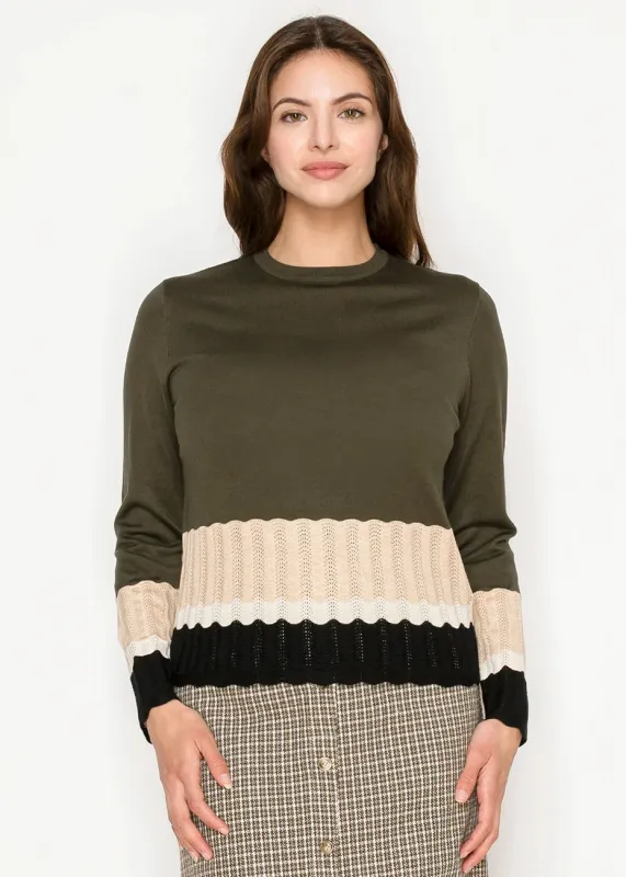 Olive Crewneck Sweater with Woven Hem Detail sold by Lord & Taylor
